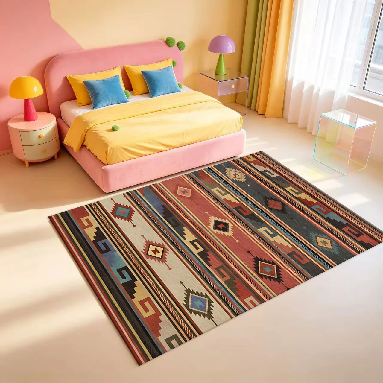 Bohemian Geometric Striped Area Rug, Vintage Ethnic Diamond Pattern Floor Carpet for Living Room Bedroom Home Decor