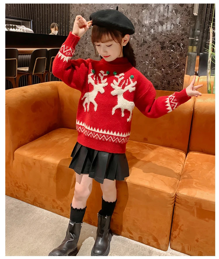 Kinder-Weihnachtspullover-Kostüm für Mädchen, Neujahrspullover mit Hirschmotiv, gestrickte Kleidung, Kinder-Rollkragenpullover, rote Strickware, Alter 4-13 Jahre – Detail 10