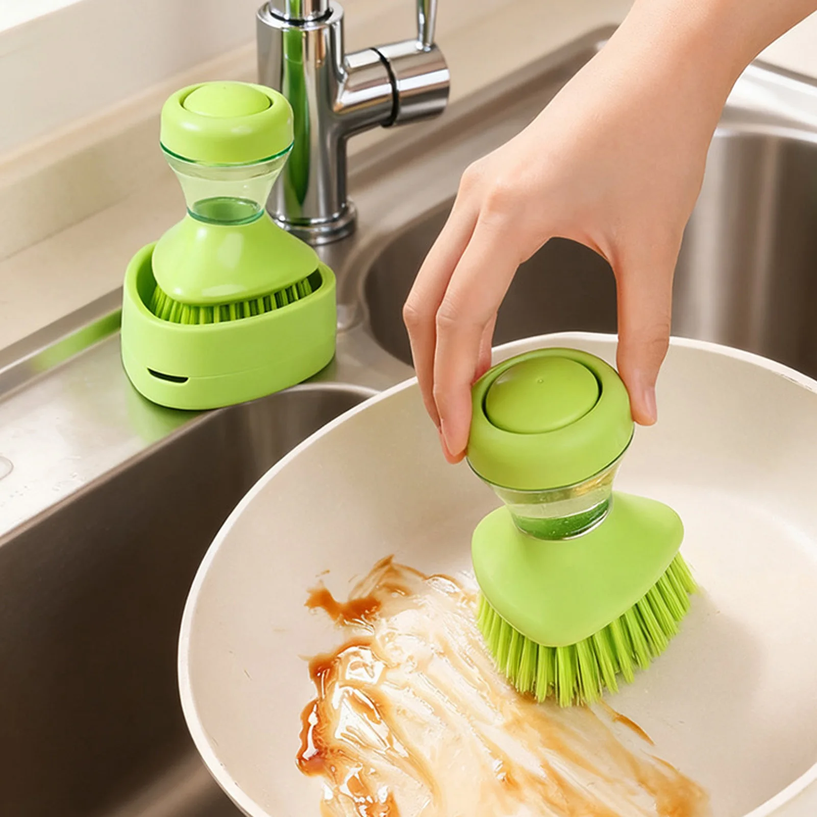 Dishwashing Brush With Press Liquid Dispenser Non-Slip Base For Kitchen Cleaning