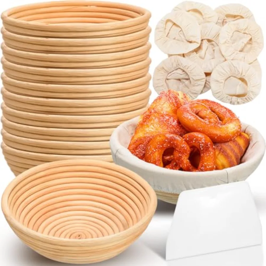 

10 Pieces Round Banneton Bread Proofing Basket Sourdough Baking Basket with Liners and Scrapers for Home Bread Making Bakers Ba
