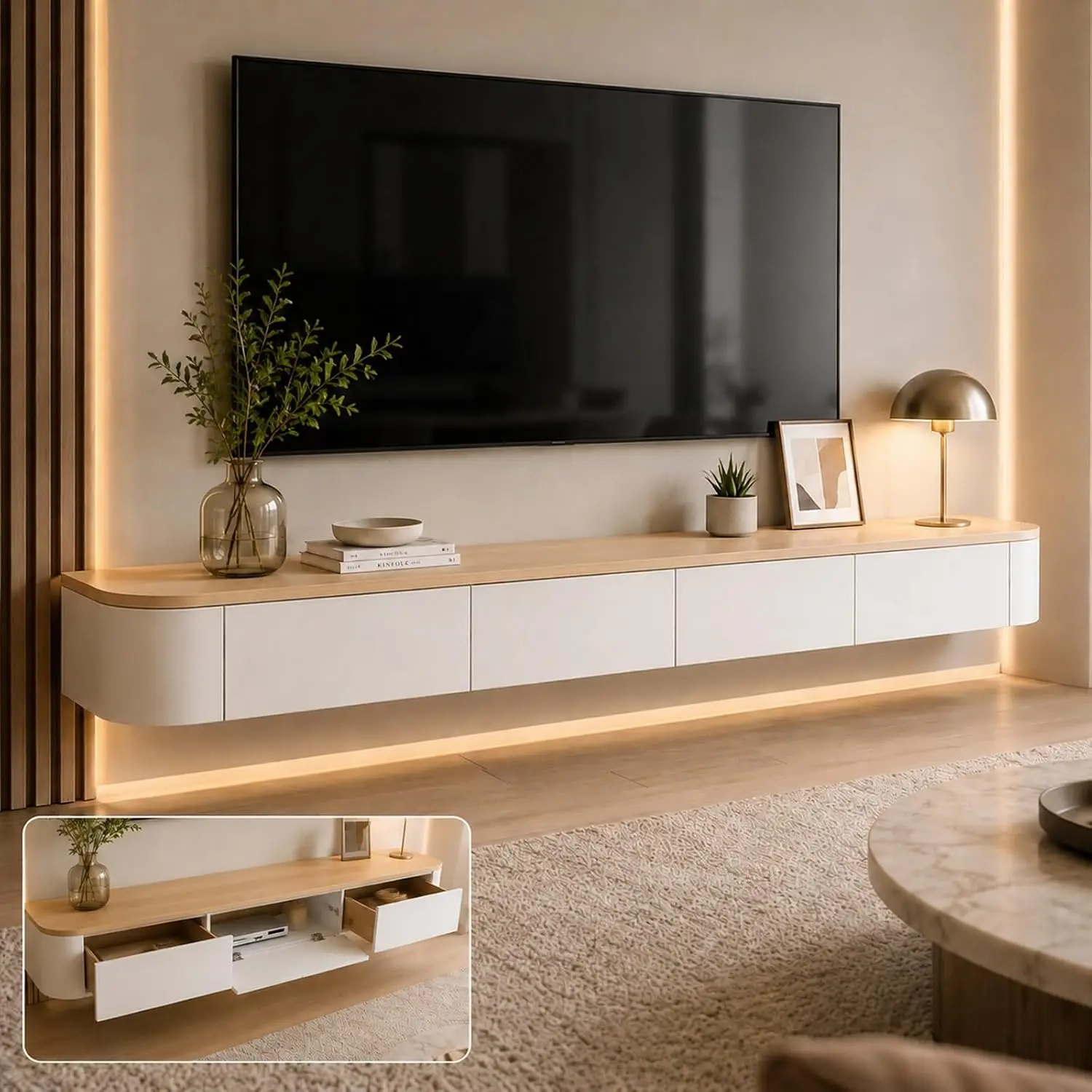 Floating TV Stand Wall Mounted Storage Entertainment Center Cable Hole Wood Console Bedroom Living Room 94.5IN, Customized
