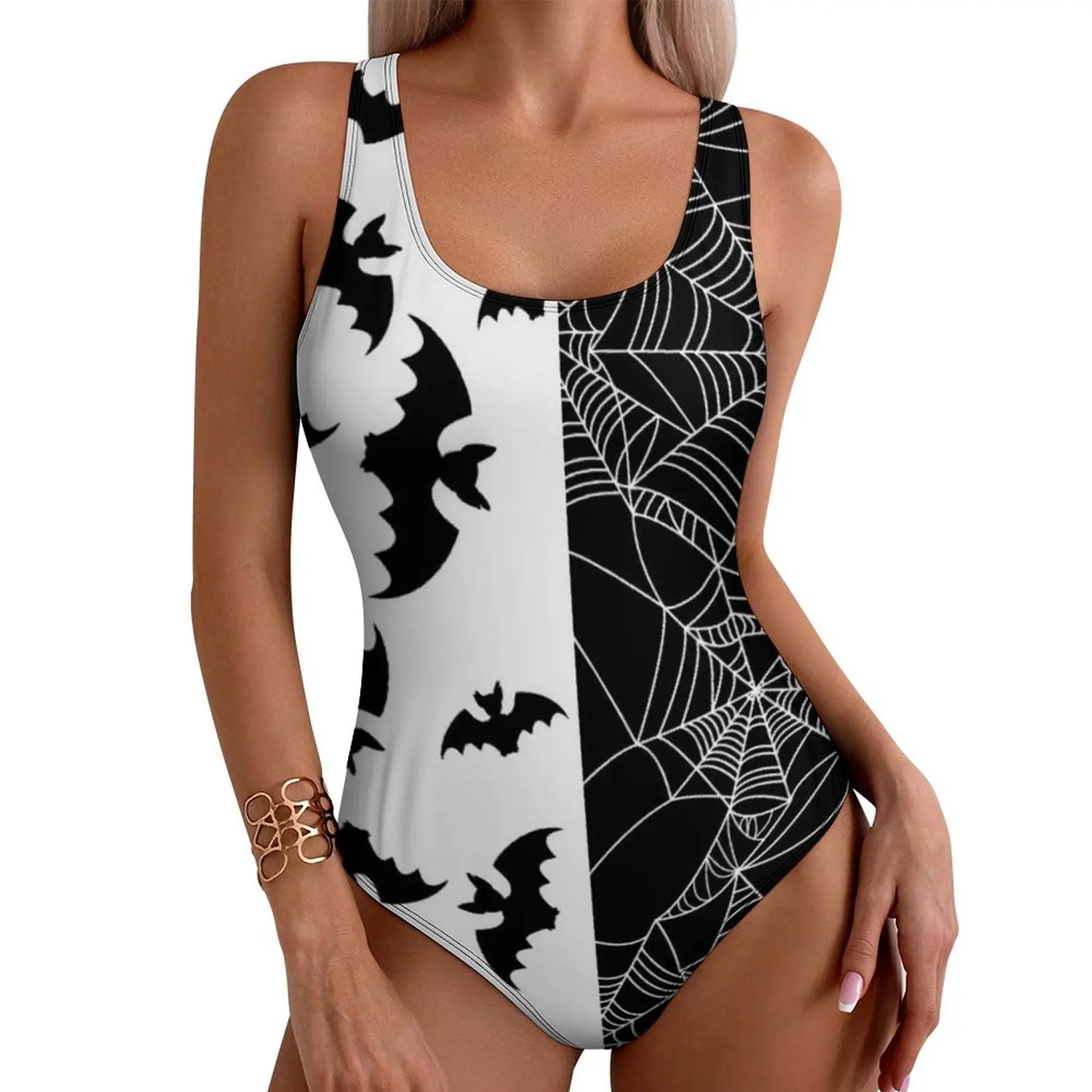 Black White Two Tone Swimsuit Bats And Webs Swimwear One Piece Vacation Bath Design Swimsuits Cut Out Bathing Suits