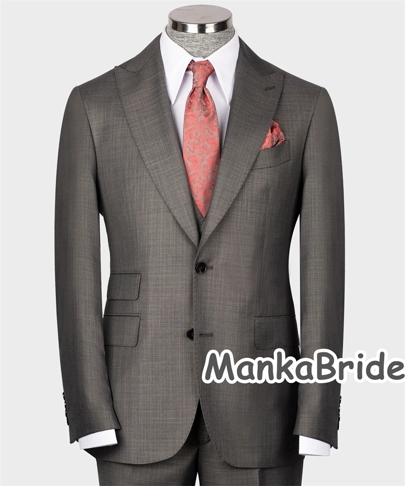 Classic Grey Men's Suits Groom Tuxedo 3pcs Blazer Vest Pants Business Office Formal Party Costume Homme Groomsmen Suit