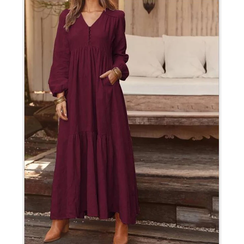 Vestido maxi feminino com decote em V manga comprida em camadas linha A primavera outono vestido longo de cor sólida com decoração de botões