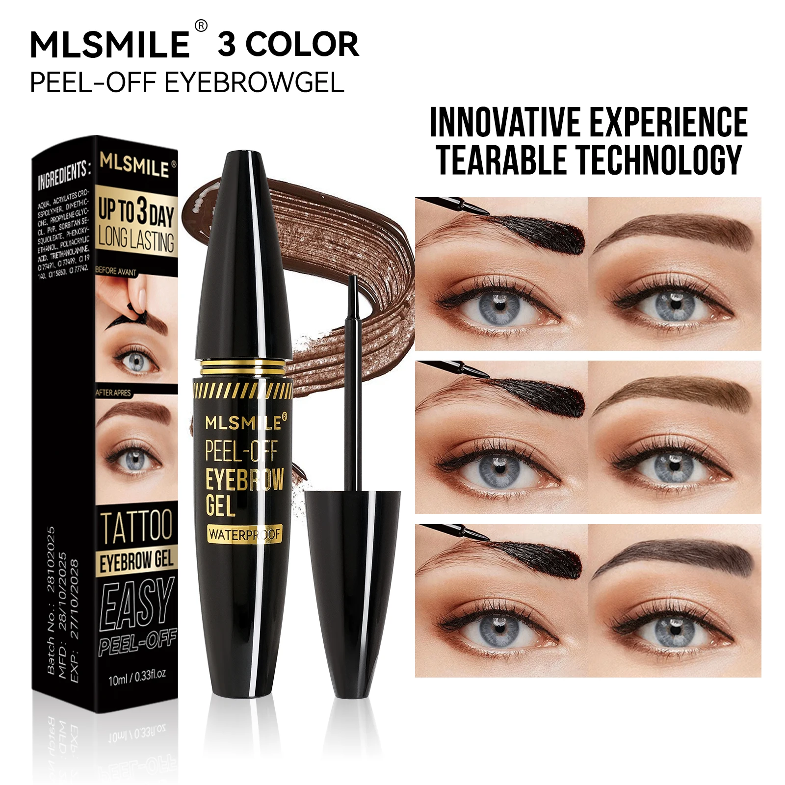 MLSMILE 3 Color Peel-Off Brow Gel, Long-Lasting Non-Fading, Waterproof, Odor-Free, 2025 New Cosmetics