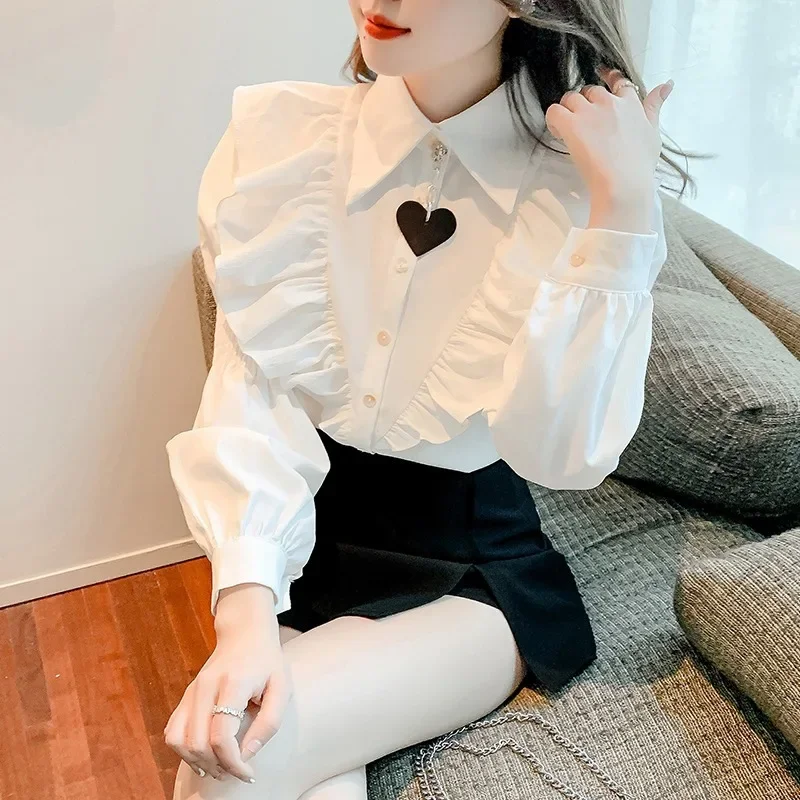 White shirt women's spring clothing 2024 new design sense niche ruffle edge splicing shirt western-style top