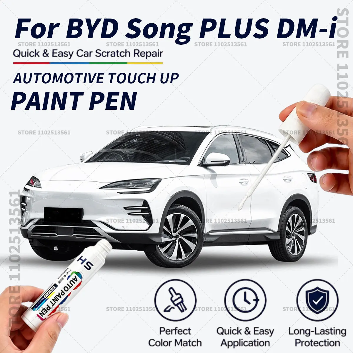 For BYD Song PLUS DM-i Quick Dry Car Touch Up Paint Pen Auto Scratch Repair Brush for Paint Chips Scratches and Scuffs White