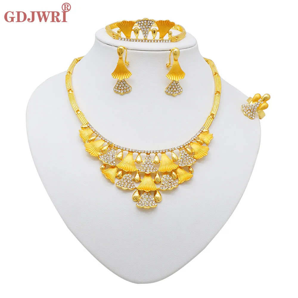 

Italy Gold Plated Women Jewelry Set African Classic Two Tone Design Round Necklace Earrings Bangle And Ring Full Set Jewelry