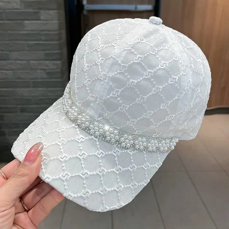 Women\'s Summer Fashion Sweet Mesh Breathable Sunscreen Shading Baseball Cap Rhinestone Pearl Elegant Sun Hat Street Rebound Cap