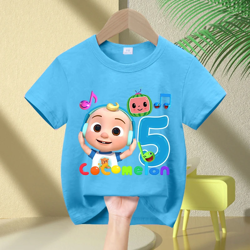 Ropa de fiesta de cumpleaños para niños de Cocomelons, camiseta de algodón con número para niños, camisetas bonitas de dibujos animados, camisetas de manga corta de verano, ropa para niños pequeños