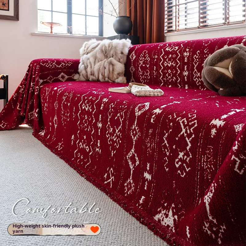 

Christmas Red Waterproof Cat Proof Sofa Cover One Piece Thick Chenille Full Coverage for 2/3/4 Seater