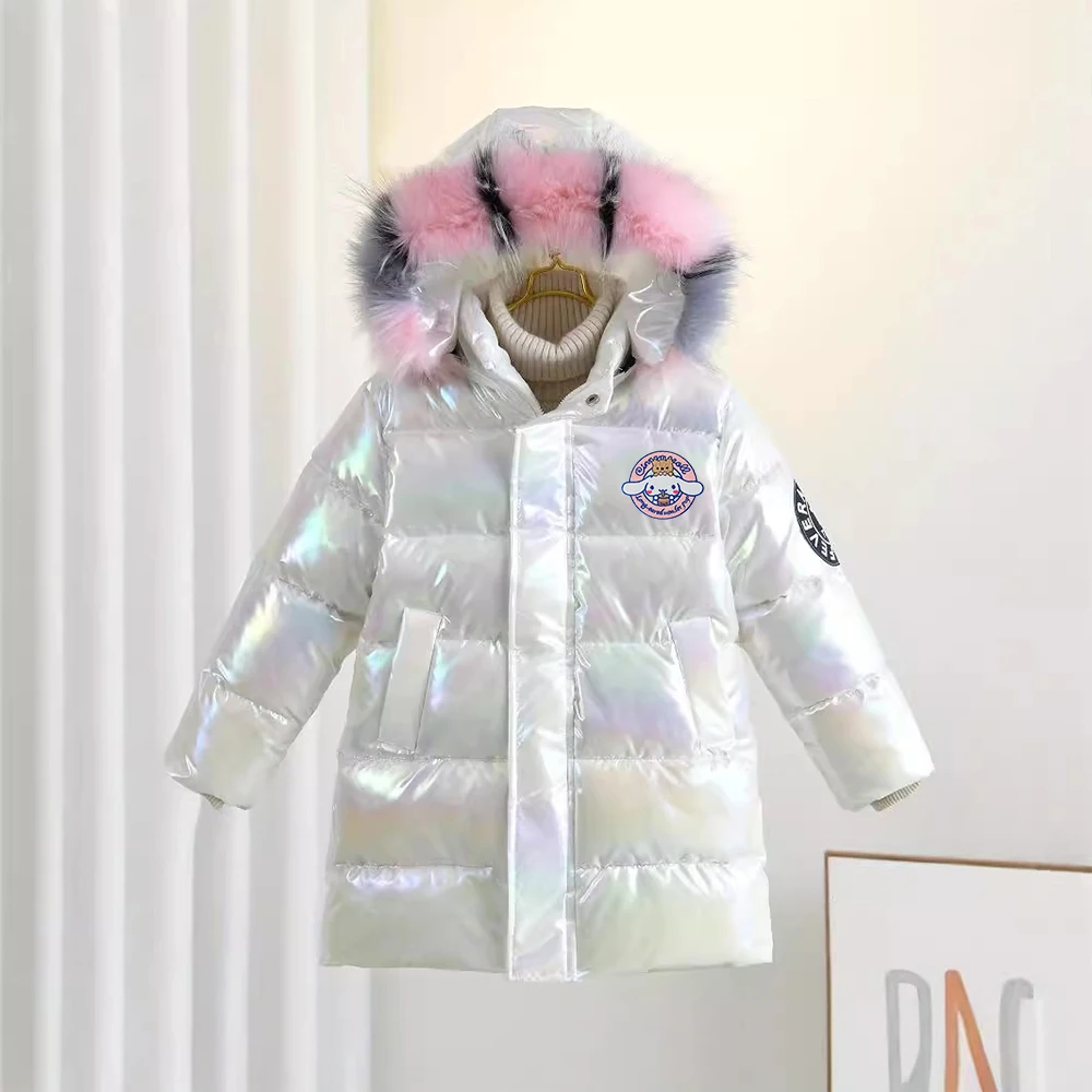 

Anime Sanrios Cinnamoroll Children's Down Clothes Winter New Fashion Cartoon Colorful Long Fur Hooded Warm Cotton Padded Jacket