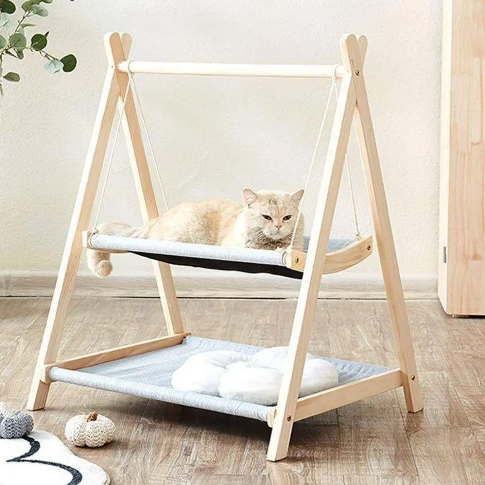 Altalena per gatti in legno massello Telaio rialzato in legno addensato Letto sospeso Design stabile Culla confortevole Amaca per animali domestici in legno Uso interno