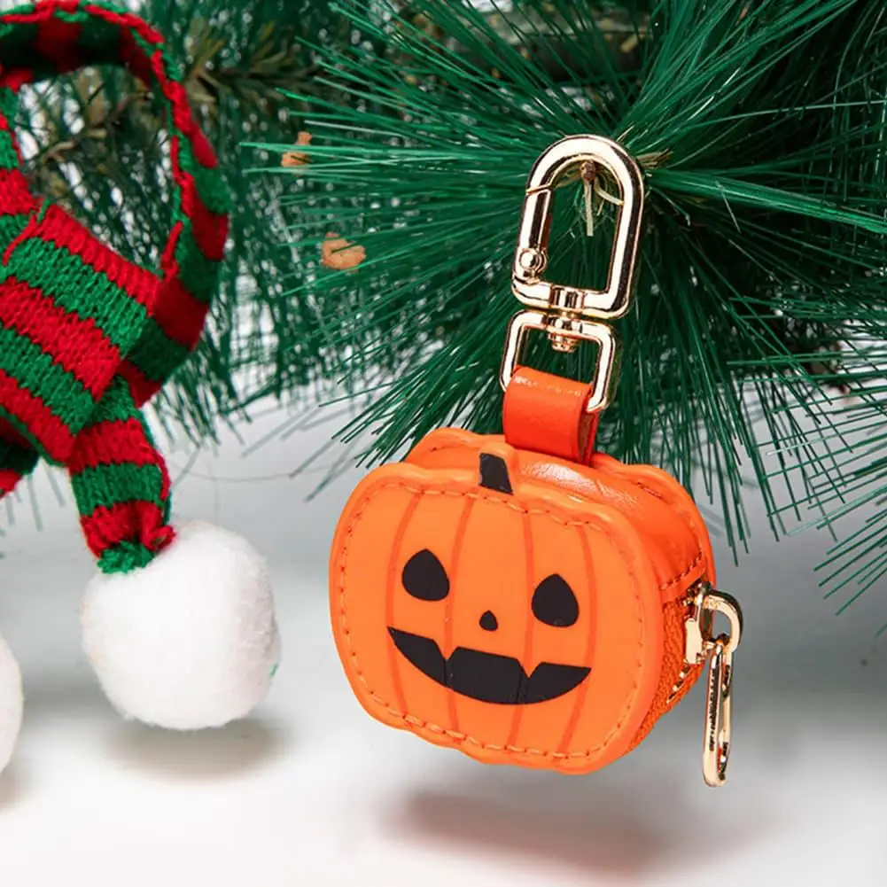 Halloween Pumpkin Spider Web Mini Coin Purse Keychain PU Leather Zipper Earphone Storage Bag Backpack Hanging Decor Llavero