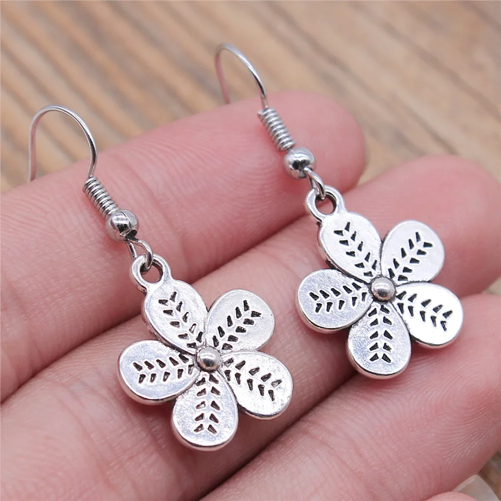 Simple Design Antique Silver Color Double-Sided Flowers Pendant Earrings Dangle Earrings Drop Earrings