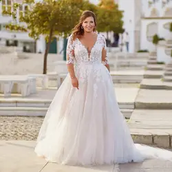 Customized Vestidos De Novia Wedding Dresses With Pregnant Half Sleeves V Neck Modern Lace Appliques Wedding Gowns Bride Dresses