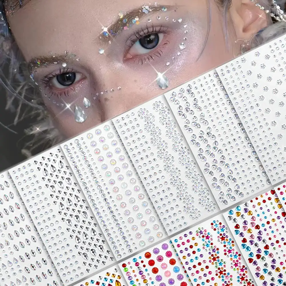 1sheet Multi-size Iridesent Clear Tears Face Gems Stickers Round/Square/Star/Heart/Flower Crystal Face Decal Makeup Face Jewelry