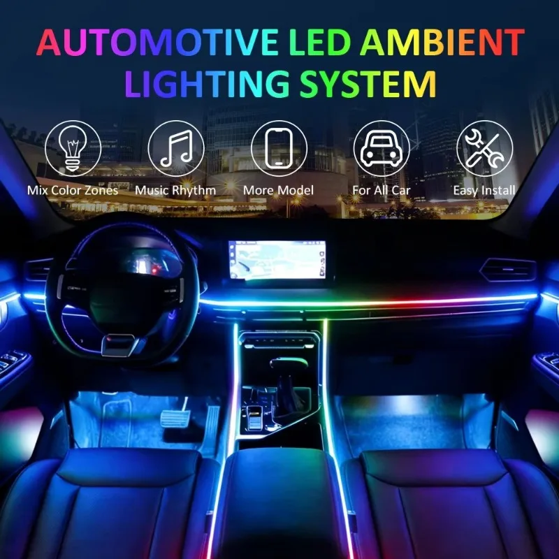 RGB Car Interior LED Strip Lights APP Remote Control Music Dreamcolor Chasing Ambient Lights Kit