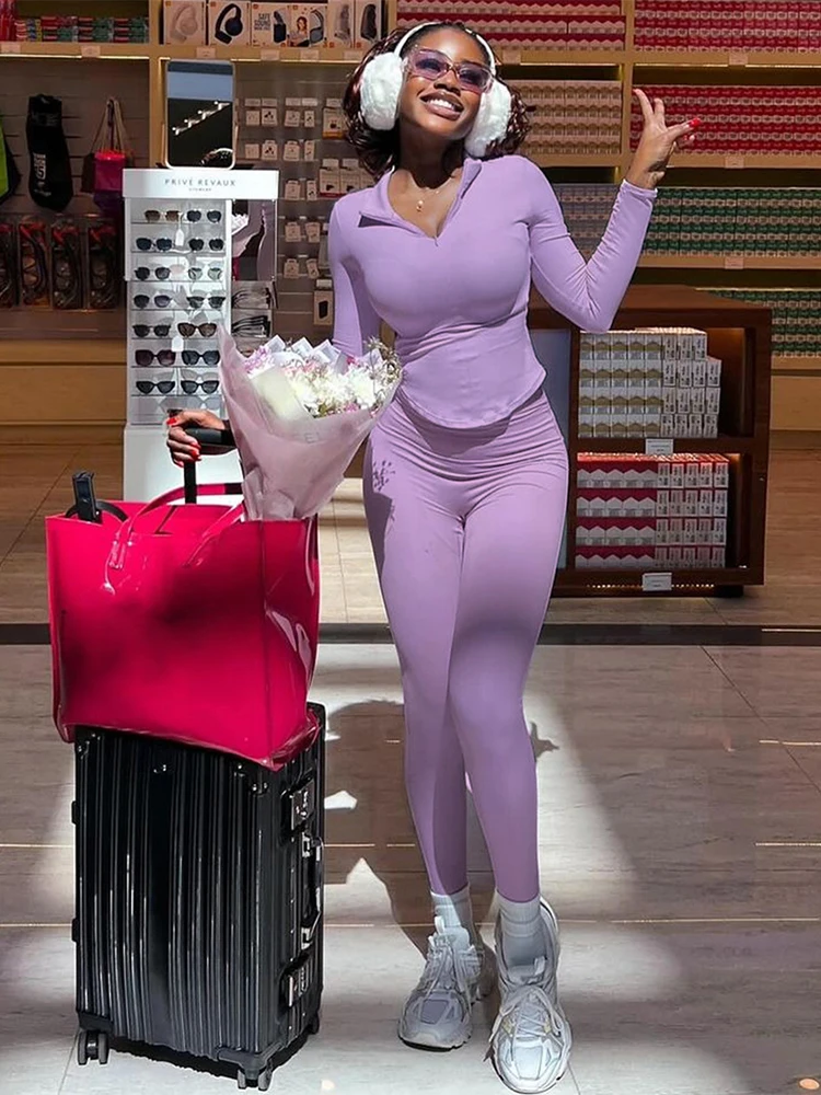 Kliou Casual Semplice Set da 2 pezzi Donna Zip Colletto alla coreana Top a maniche lunghe + Pantaloni lunghi skinny Tuta classica di moda quotidiana di base