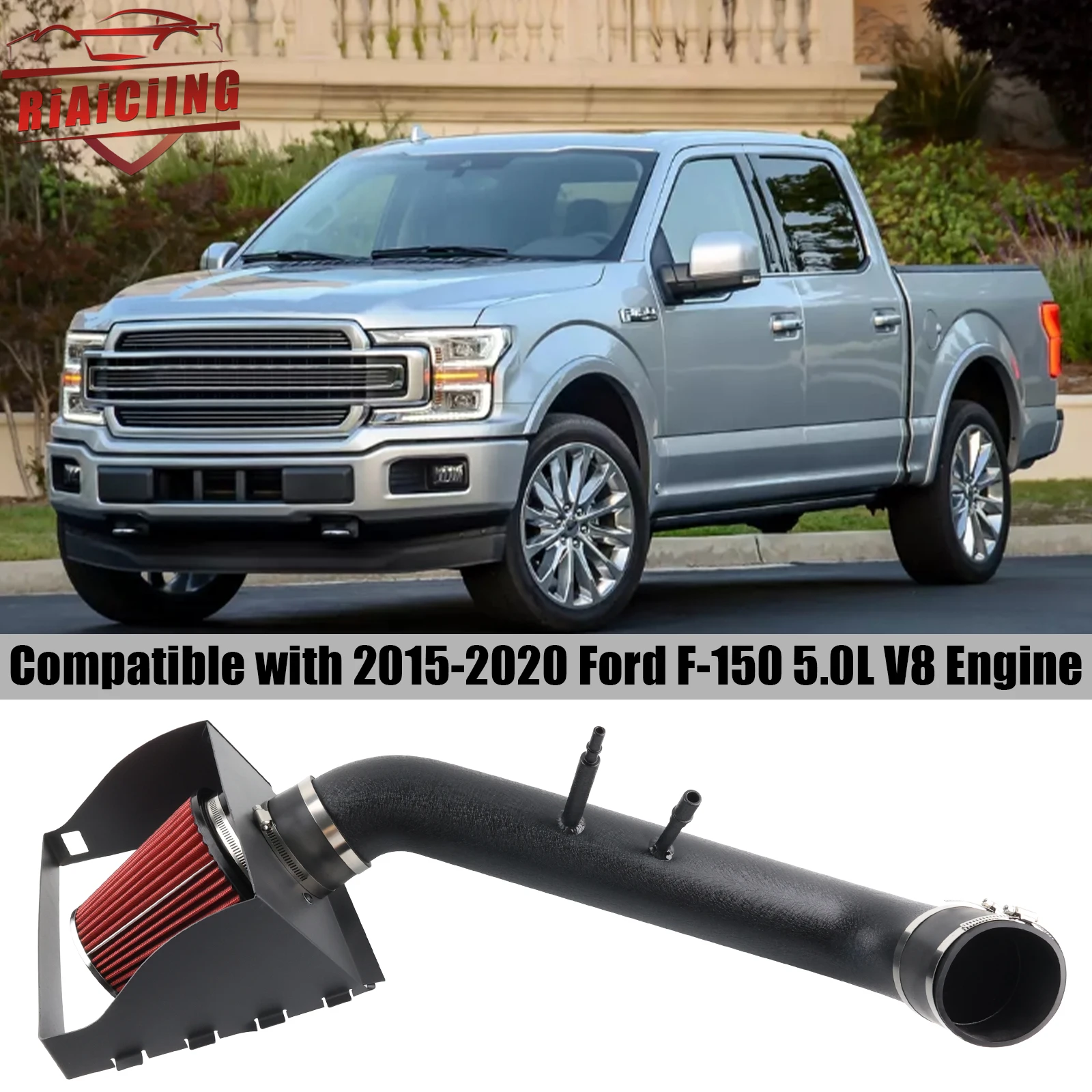 Aluminum Heat Shield Air Intake Kit+Filter For 2015-2020 Ford F-150 Model with 5.0L V8 Fits Manual & Automatic Transmission