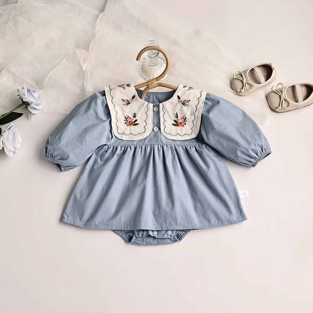 MILANCEL Autumn Solid Pleated Baby Bodysuit Toddler Girls Princess Clothes Emboridery Big Collar Infant Clothing