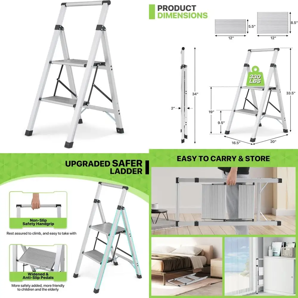 "brede antislip 2-staps aluminium vouwladder met handgreep voor thuis- en kantoorgebruik"