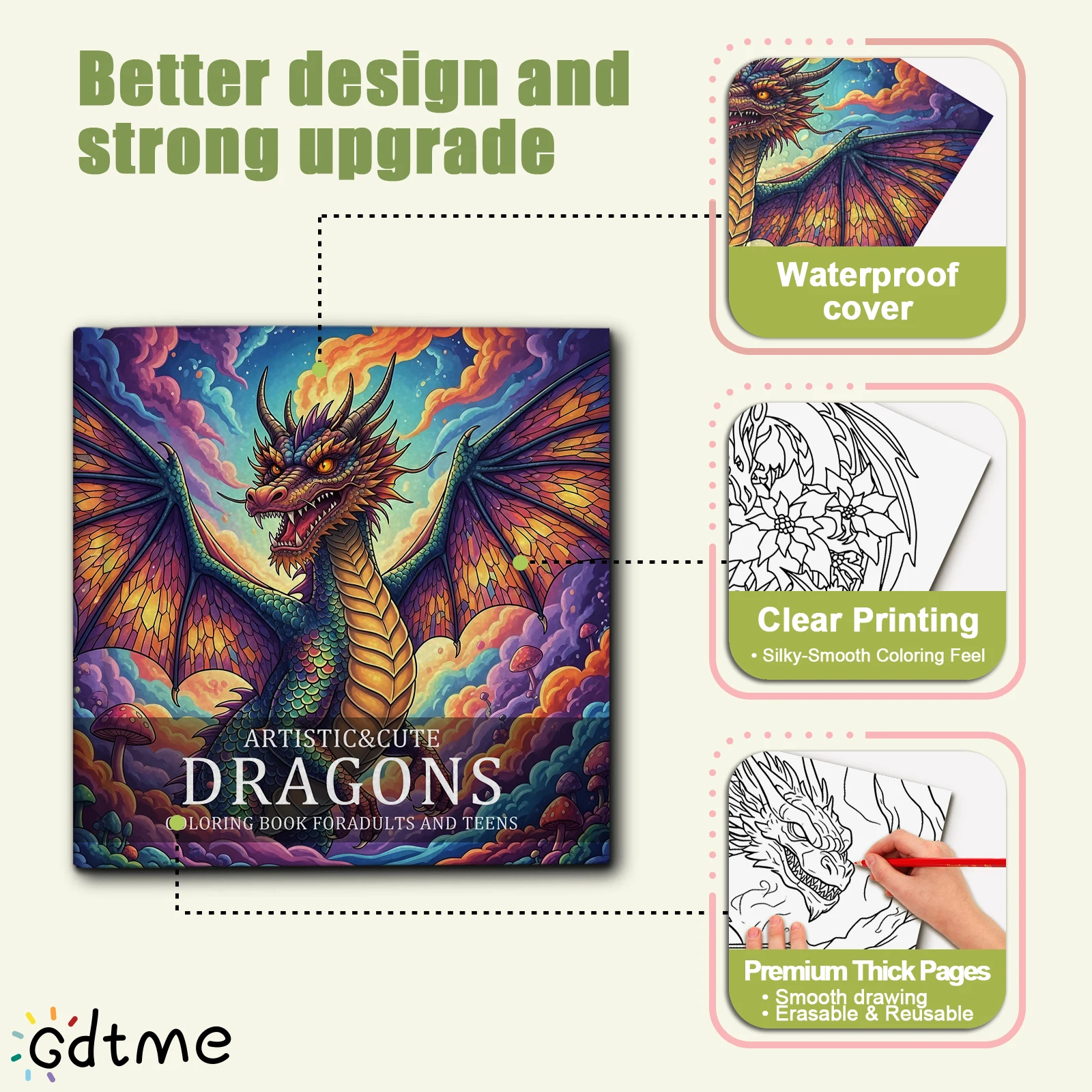 Künstlerisches Drachen-Malbuch, aufwendige und entspannende Designs für Erwachsene, Aktivitätsbuch zur Stresslinderung und Achtsamkeit – Detail 3