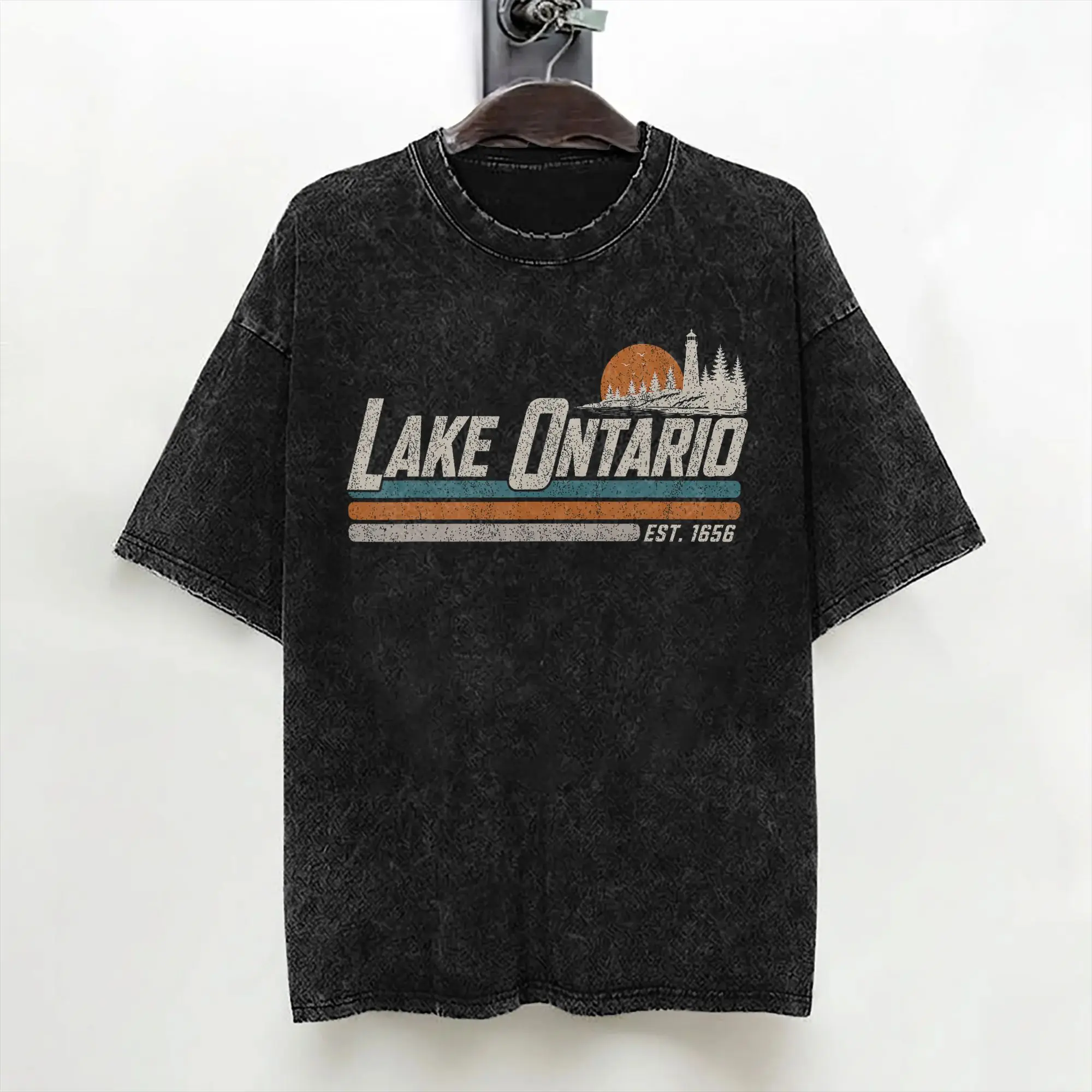 Lake Ontario Est 1615 Vintage Sunset Great Lakes Washed T Shirt Streetwear Hip Hop T-Shirts  Tees for Men Cotton Harajuku Summer