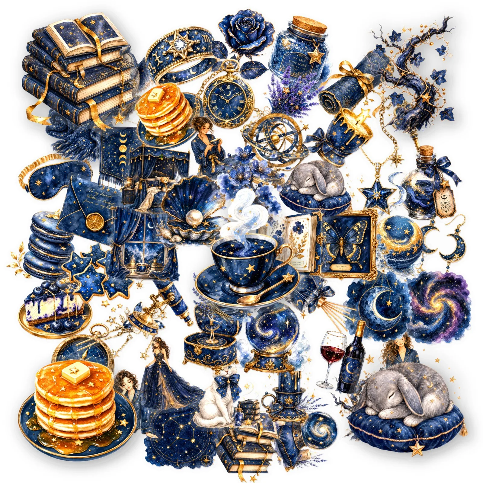 Blue Gold Cosmic Book 'Starry Night Magic Museum' Journal Sticker Teacup Character Decoration Collage Sticker for Scrapbooking