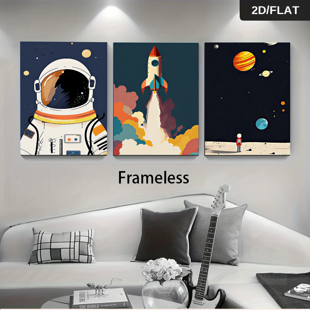 3PCS Frameless,1 set of frameless decorative paintings with a space theme for children's rooms: astronaut, rocket, and planet tr
