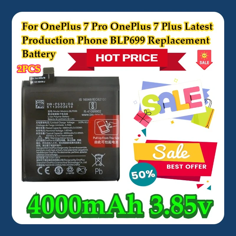 

For OnePlus 7 Pro OnePlus 7 Plus Latest Production Phone BLP699 4000mAh Replacement Battery 2PCS