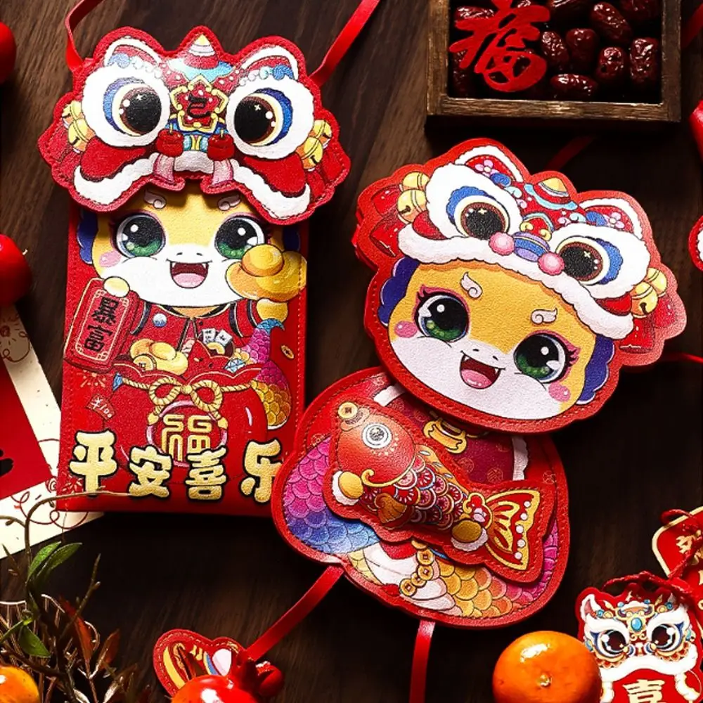 Sobre rojo de cuero con diseño de serpiente china, bendición tradicional, Año Nuevo de 2025, bolsillo para dinero, Hongbao, lindos paquetes rojos de buena suerte