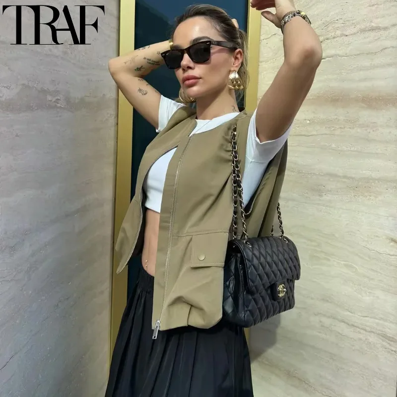 TRAF 2024 Women\'s Vest Cropped Sleeveless Jacket Women Stylish Pleated Black Vest Short Coats Zipper Casual New In Outerwears