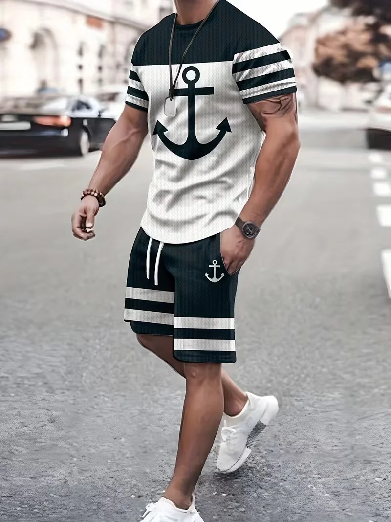 Men's Anchor And Stripe T Shirt Shorts Set 3D Color Block Print Men Women T-Shirt Outfits Outdoor Street Sport Tee Two-Piece Set