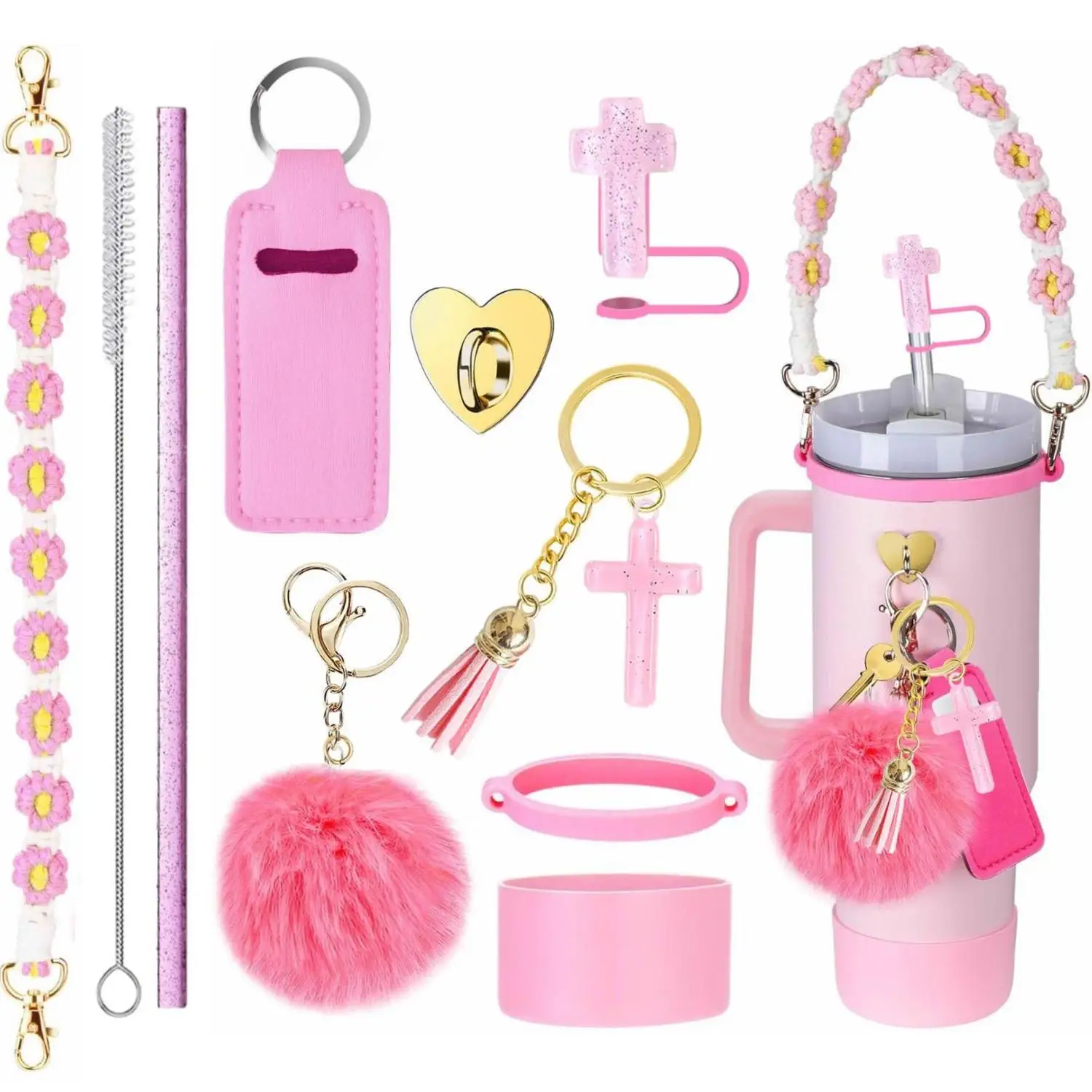 Cross Straw Toppers Cup Carrying Straps Pom-Pom Pendants Lipstick Pouches for Stanley Cups - Set of 4