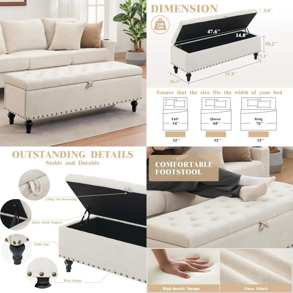 

large upholstered storage ottoman bench with safety hinge, 330 lb capacity