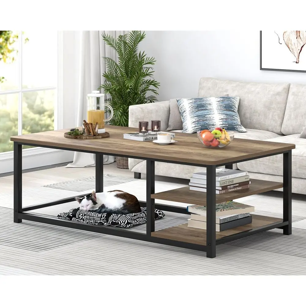 Rustic Oak Modern Coffee Table with Storage Shelf, 47 Living Room Centerpiece in Wood and Metal