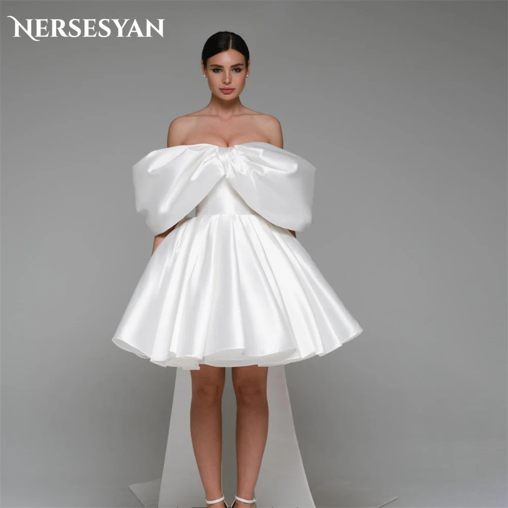 

Nersesyan Elegant Satin Wedding Dresses Off Shoulder A-Line Mini Short Sleeves Bridal Gowns With Bow Train Backless Bride Dress