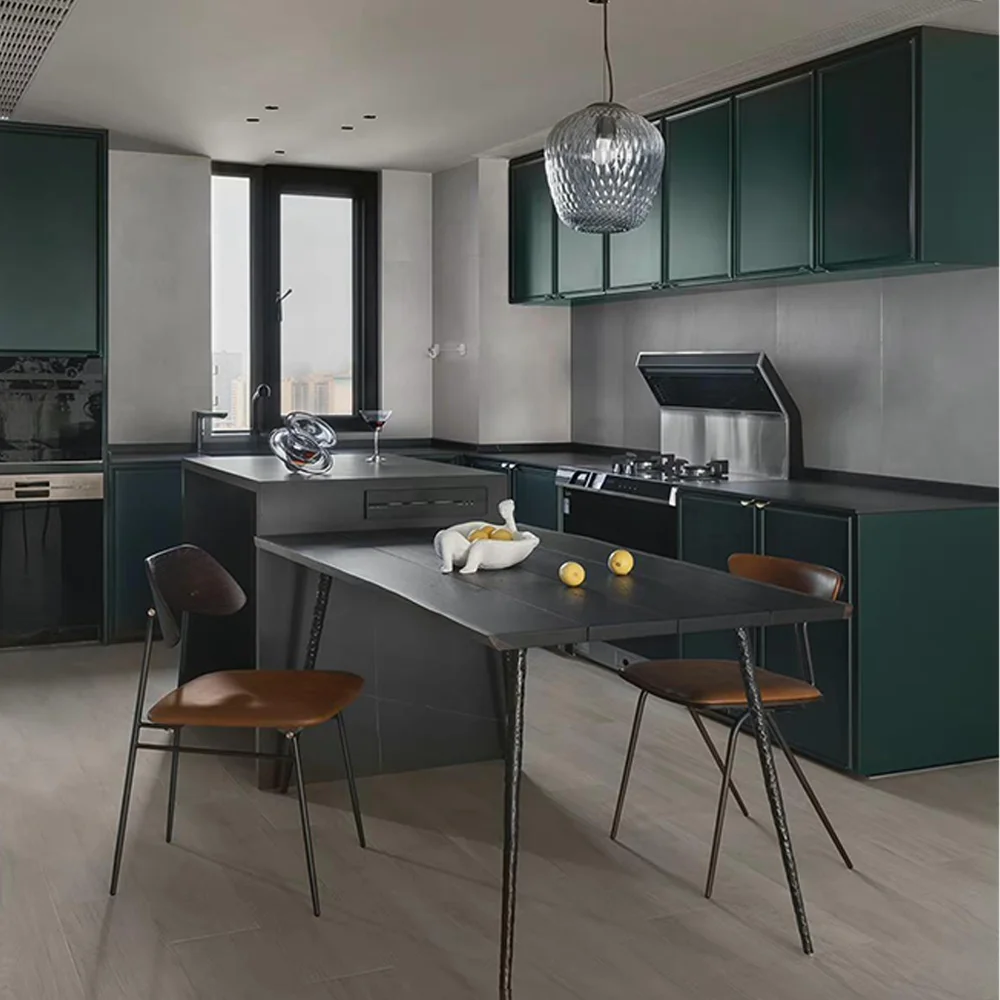 أثاث المطبخ المصنوع حسب الطلب على شكل حرف U، مجموعة خزانة المطبخ الحديثة ذات الجدار الكامل من الميلامين