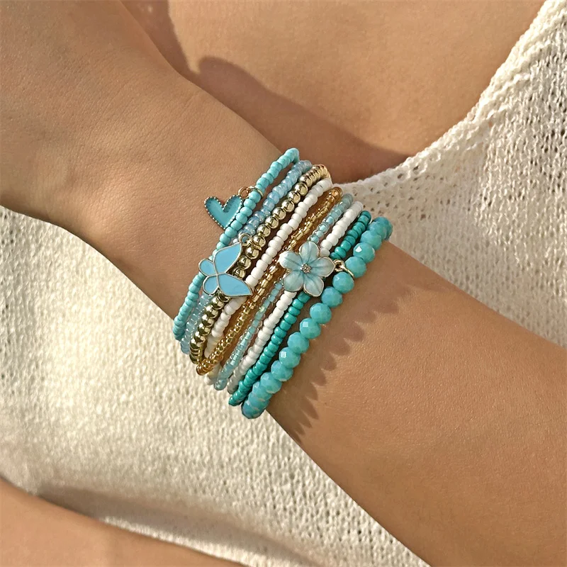 9-teiliges Set Böhmische Schmetterlings-Blumen-Anhänger-Armbänder für Frauen, Handgefertigte Reisperlen-Armbänder, Gestapelte Armbänder, Sommer-Strandparty-Schmuck – Detail 4