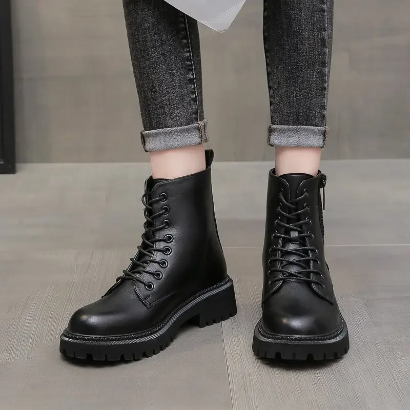 Women Boots Platform Ankle Boots Autumn Winter Shoes Genuine Leather Motorcycle 6 Boot Punk Shoes Women Booties Botas Mujer