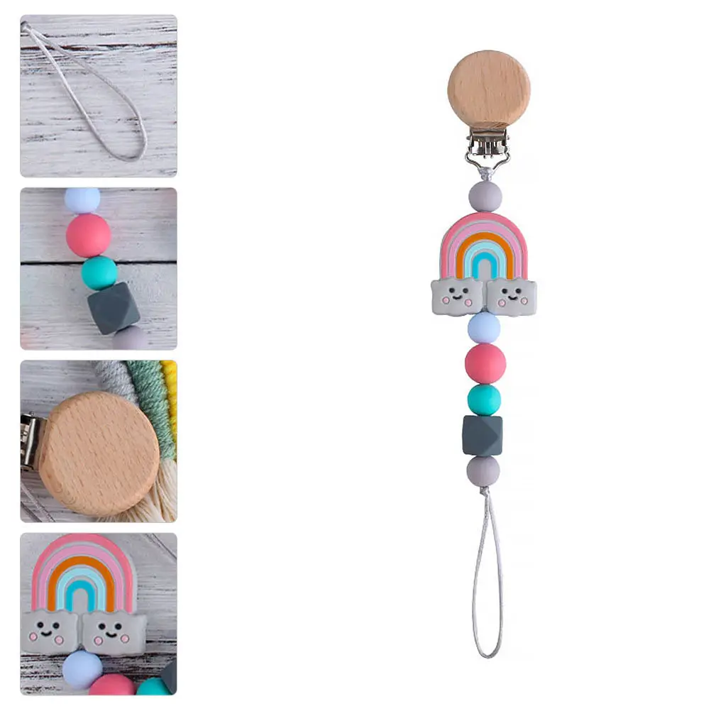 

Infant Pacifier Clip Silicone Beads Wooden Design Attracts Attention Baby Teeth Growth Healthy Safe No Scratch Easy Attach