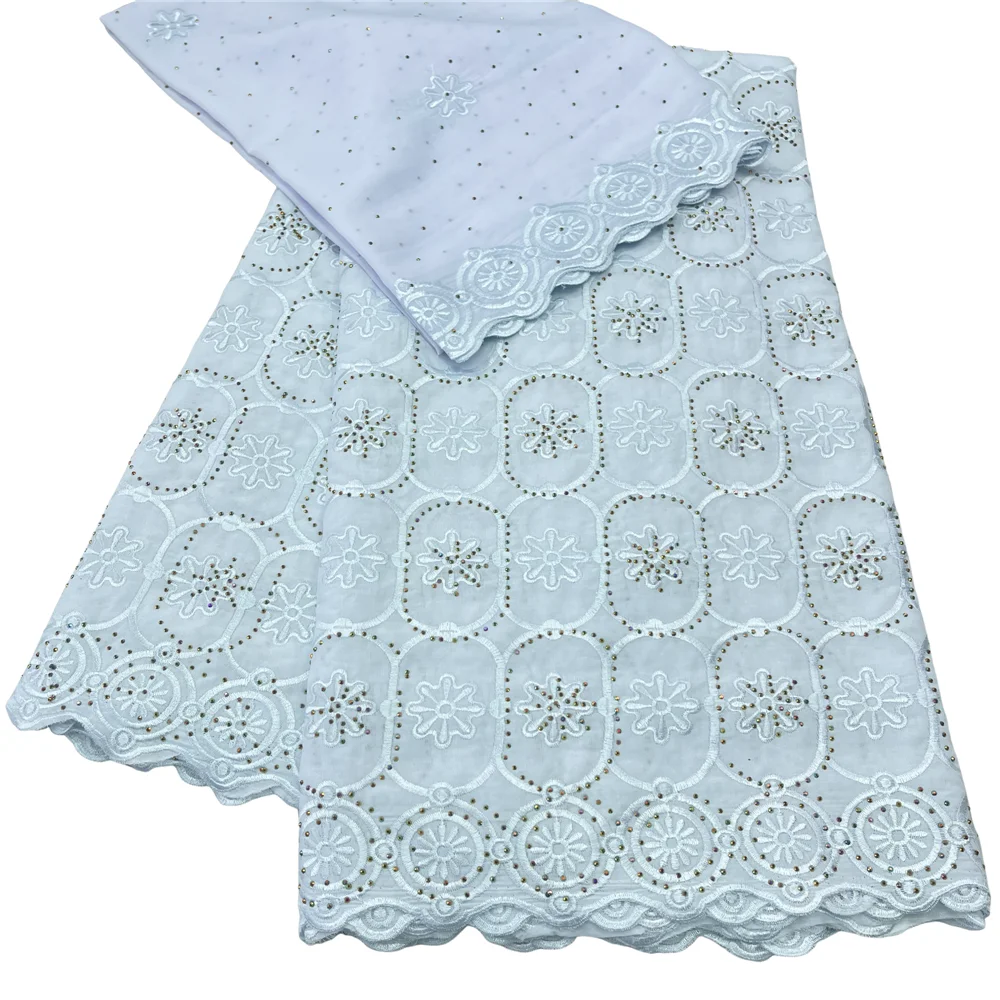 5+2 Yards White Swiss Voile Lace 2025 High Quality Africa Embroidery 100% Cotton Fabric Popular for African Women Cloth 23A139