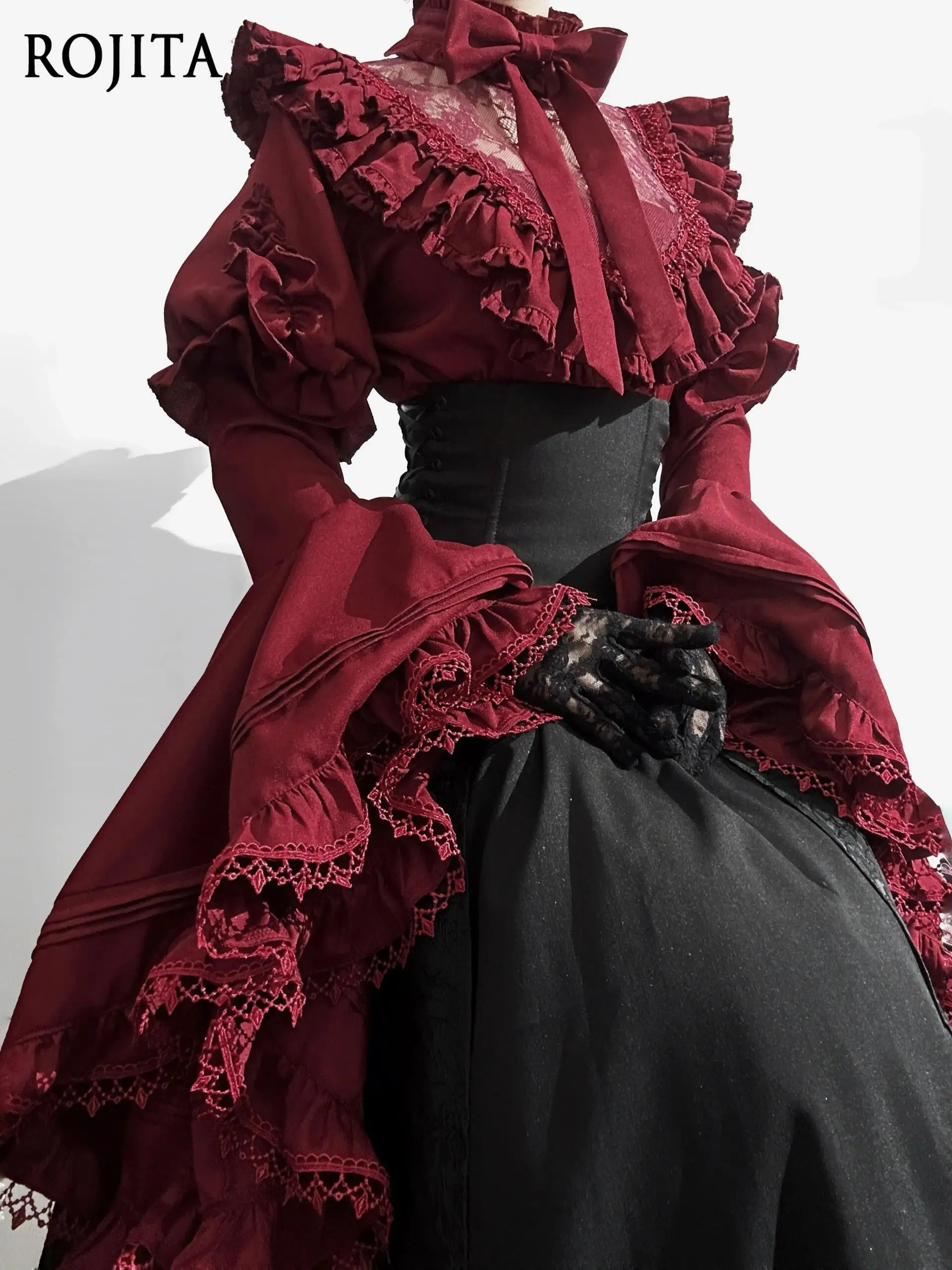 

Lolita Waist Cincher Gothic Nun Cosplay Costume Long Black Skirt and Princess Sleeves Retro Shirt Two-Piece Set Women's Clothing