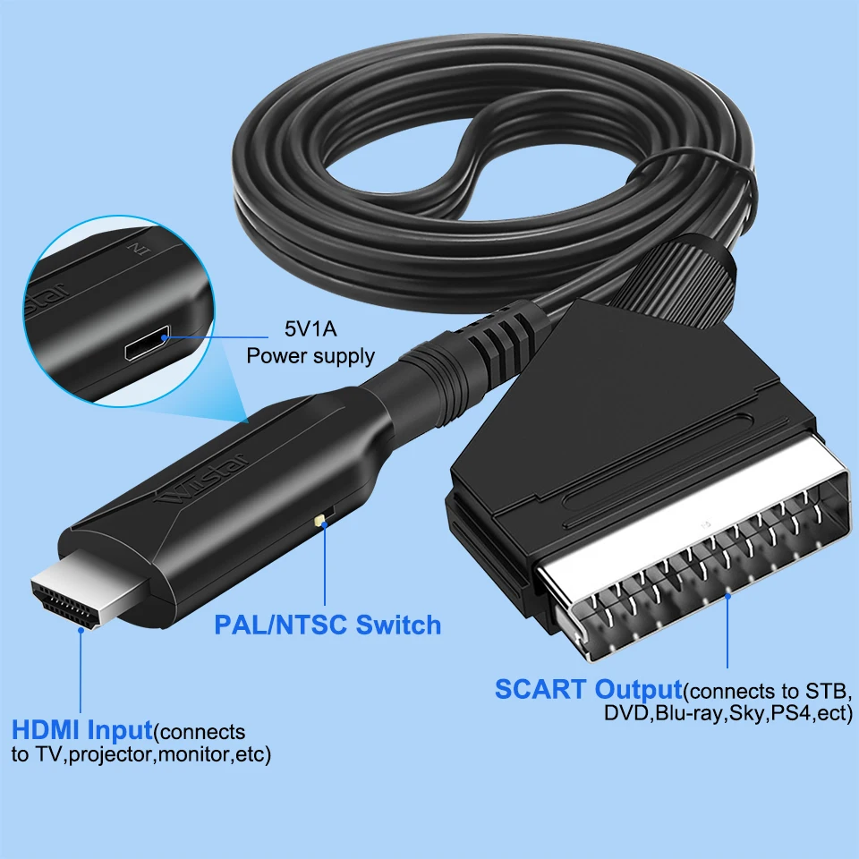 HDMI to SCART Video Audio Converter Adapter 1080P For HDTV DVD Sky Box STB Plug and Play with Power Cable