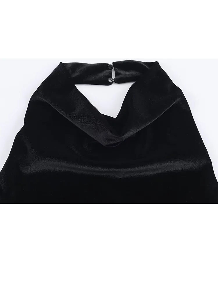 Hh mulher primavera elegante novo sexy sem costas sem mangas dobras rendas decoração vestido de veludo moda feminina halter pescoço vestido de banquete