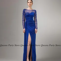 Royal Blue Evening Dress Sheer Scoop Neck Long Sleeves Beading Rhinestone Pleat High Slit Velour Party Gown Formal Prom Dresses