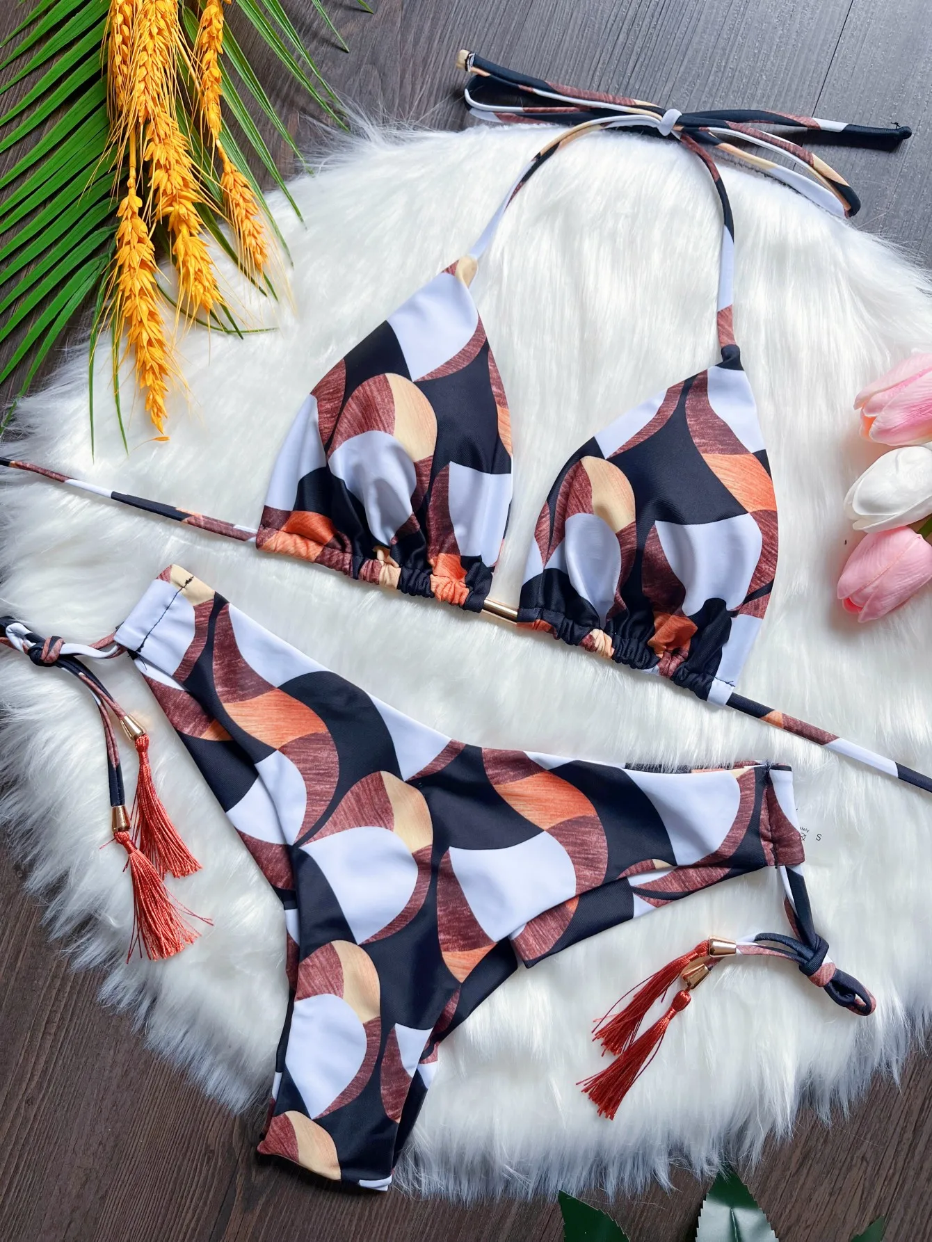 Sexy print women's bikini swimsuit split set with straps and tassels 2-piece set for summer beach swimsuit