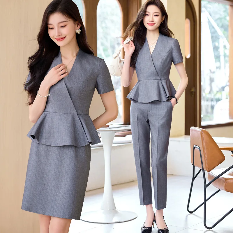 Short Sleeve Business Suit Women's Summer Hotel Reception Jewelry Shop Beauty Salon Formal Wear Black Suit Overalls