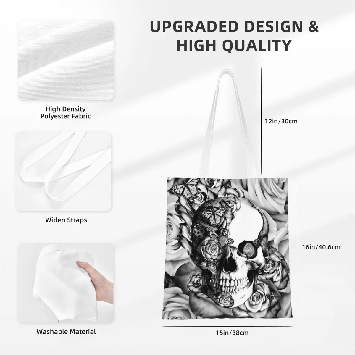 Rose Skull Floral Tote Bags Women Handbag Canvas Student Gothic Art Shoulder Bag Printed Grocery Bag